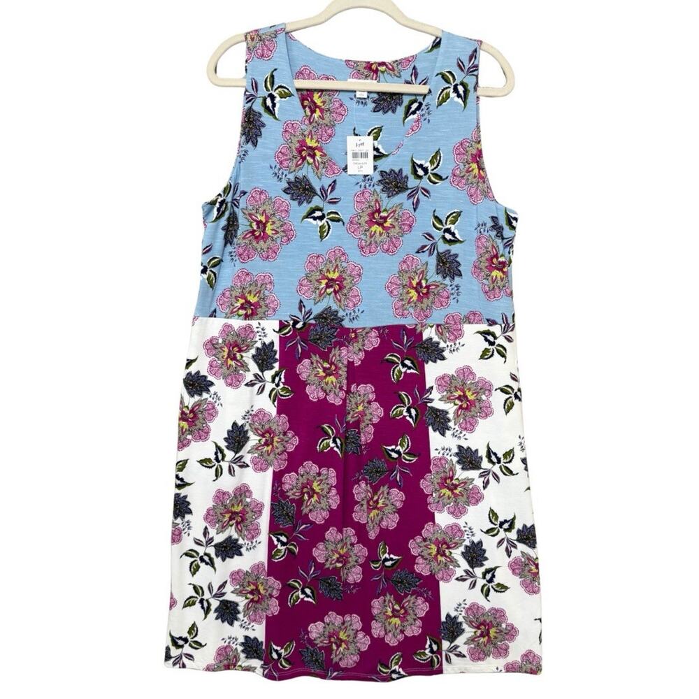 J. Jill Sleeveless Knit Shift Dress Size L Petite Mixed Floral Print Pockets NWT